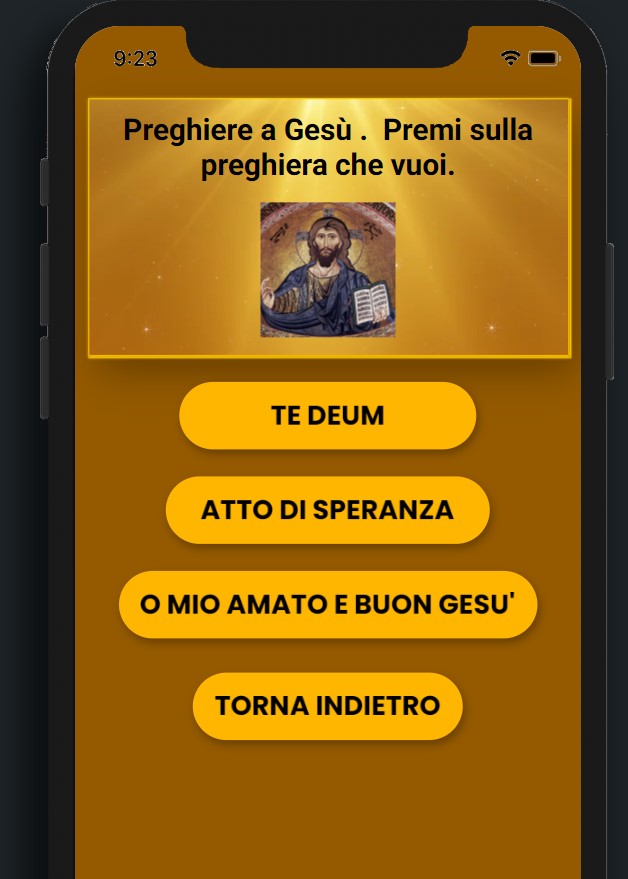 Screenshot della app che Costanza pubblichera'. Si vedono tasti con le preghiere te deum, atto di speranza, o mio amato e buon gesu'